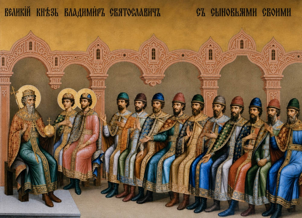 Великий князь Владимир Святославич с сыновьями. Роспись Грановитой палаты Московского Кремля. 1882